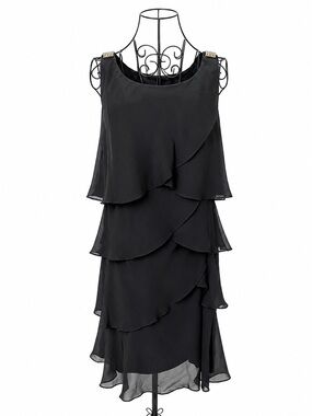 Signature by Tessa Black Tiered Chiffon Cocktail Dress Size 12 Wedding Guest